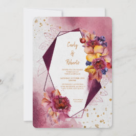 Invitación Boda de marco geométrico moderno con flores rosada