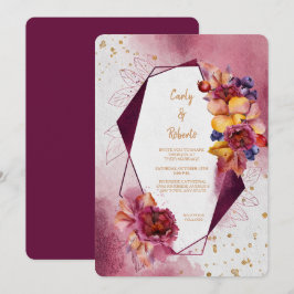 Invitación Boda de marco geométrico moderno con flores rosada