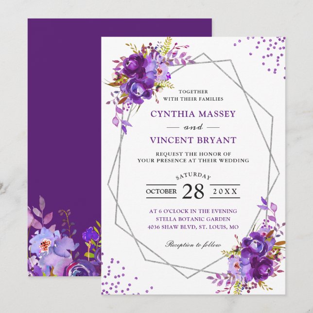 Invitación Boda de marco geométrico moderno de floral púrpura (Anverso / Reverso)