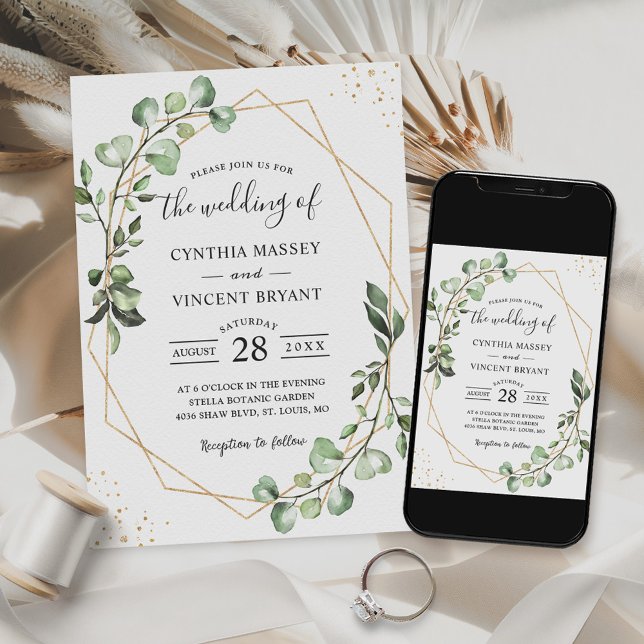 Invitación Boda De Marco Geométrico Oro De Eucalyptus Foliage (Subido por el creador)