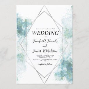 Invitación boda de marco geométrico plateado de color azul