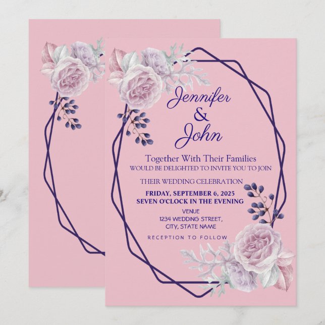 Invitación Boda de marco geométrico púrpura de peones rosados (Anverso / Reverso)