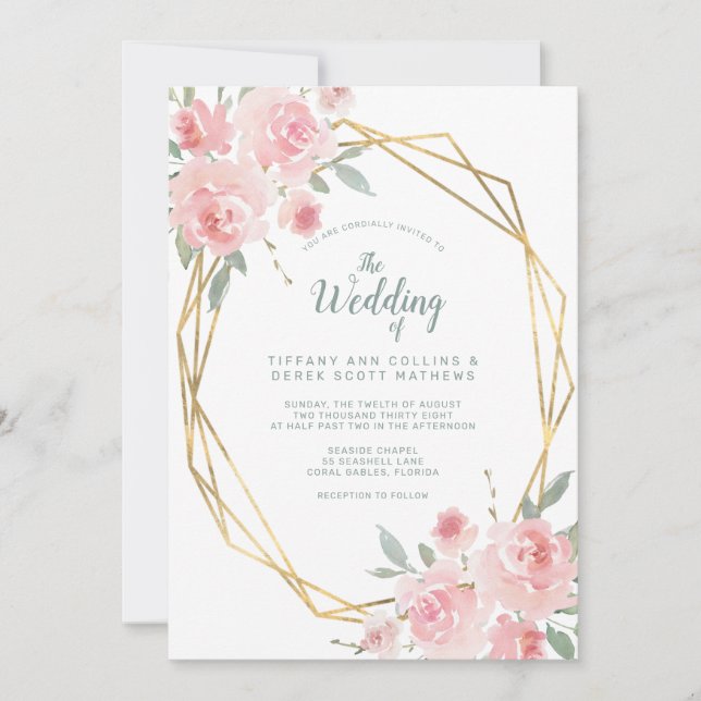 Invitación Boda de marco geométrico Rubor Floral Gold (Anverso)