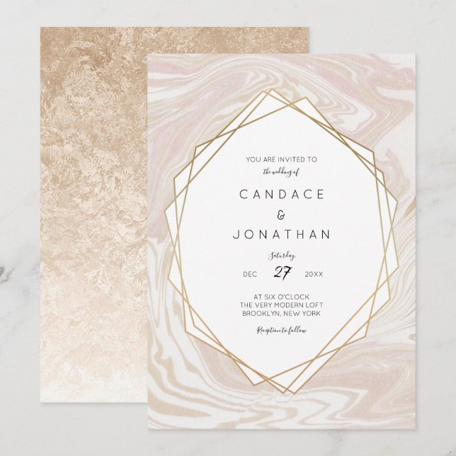 Invitación Boda de marco geométrico Rubor Marble Faux Gold (Anverso / Reverso)