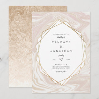 Invitación Boda de marco geométrico Rubor Marble Faux Gold