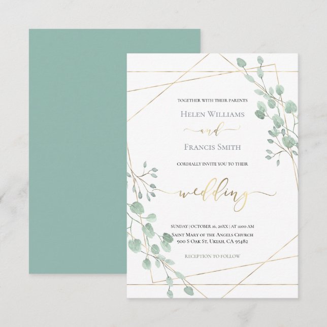 Invitación boda de marco geométrico verde (Anverso / Reverso)