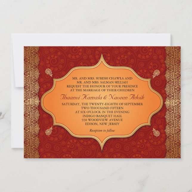 Invitación Boda de marco indio del borde dorado (Anverso)