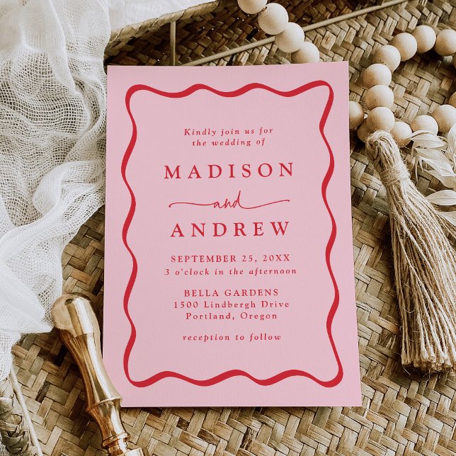 Invitación Boda de marco moderno rosa y rojo ondulado (Subido por el creador)