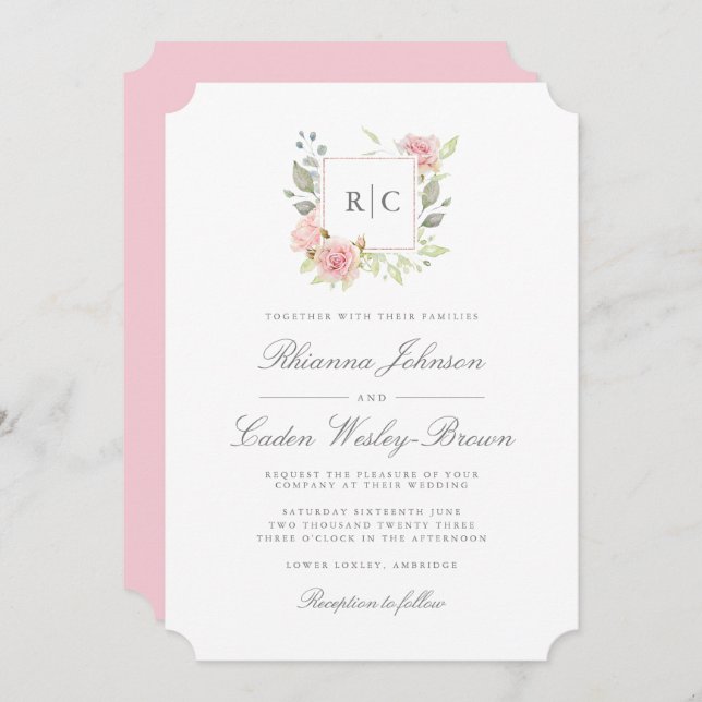 Invitación Boda de marco monograma de rosas rosas rosas rosas (Anverso / Reverso)