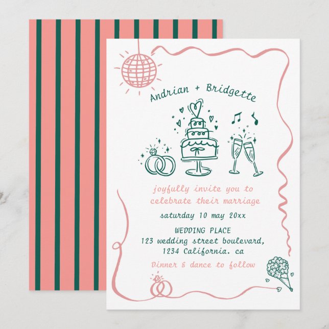Invitación Boda de marco ondulado de banda ancha dibujado a m (Anverso / Reverso)