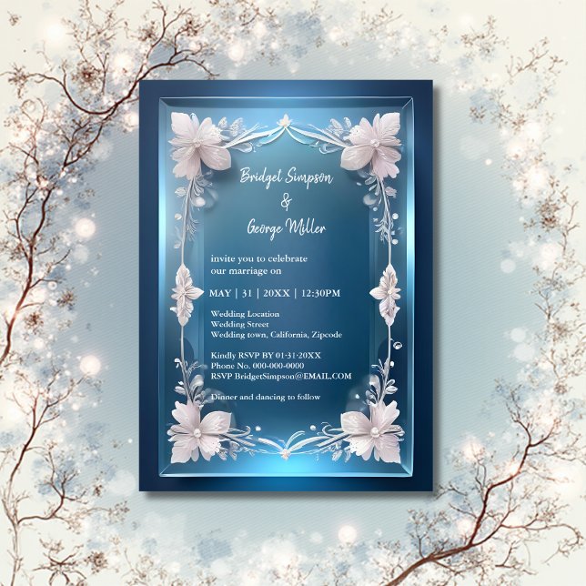 Invitación boda de marco ornamentado de art deco azul (Subido por el creador)