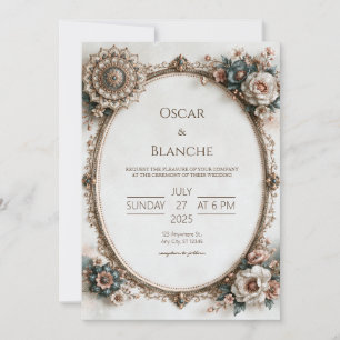 Invitación Boda de Marco Oval Floral en Verde Turquesa Polvor