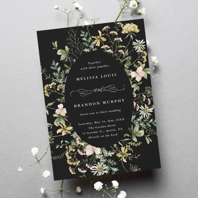 Invitación Boda de marco ovalado de flores silvestres negro (Subido por el creador)