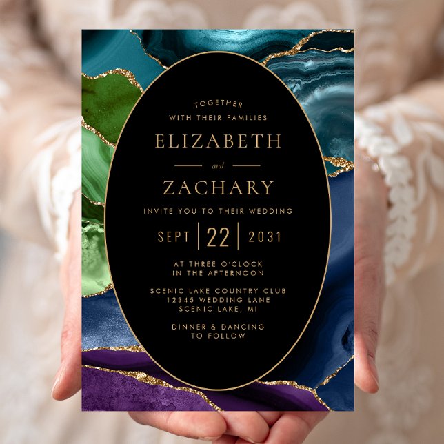 Invitación Boda de marco ovalado moderno Agate Gold (Subido por el creador)