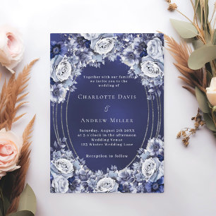Invitación Boda de marco plateado de flores azules