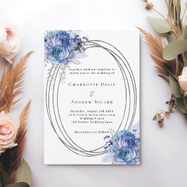 Invitación Boda de marco plateado de flores azules