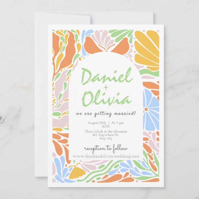 Invitación Boda de marco retro floral colorido (Anverso)