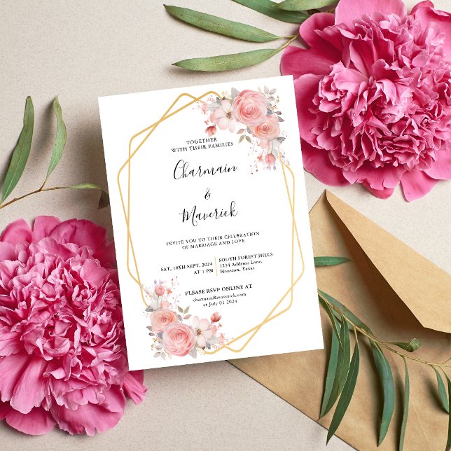 Invitación Boda de marco rosa floral geométrico (Subido por el creador)
