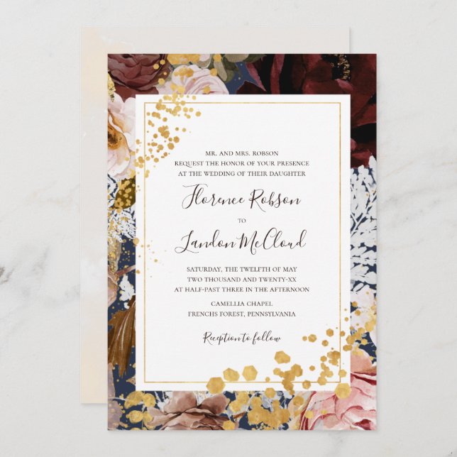 Invitación Boda de marco tradicional de la Marina floral mode (Anverso / Reverso)