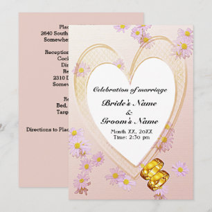 Invitación Boda de marcos cardíacos y anillos dorados de flor