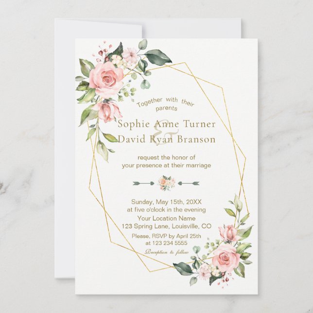Invitación Boda de marcos dorados de flores de Rubor rosadas  (Anverso)