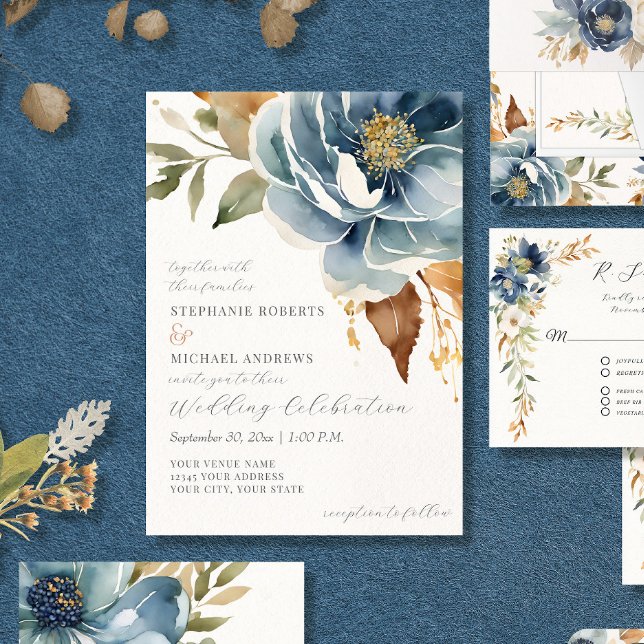 Invitación Boda de marfil azul en la moderna caída de la Mari (Subido por el creador)
