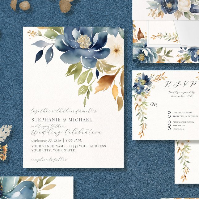 Invitación Boda de marfil azul floral floral moderno (Subido por el creador)
