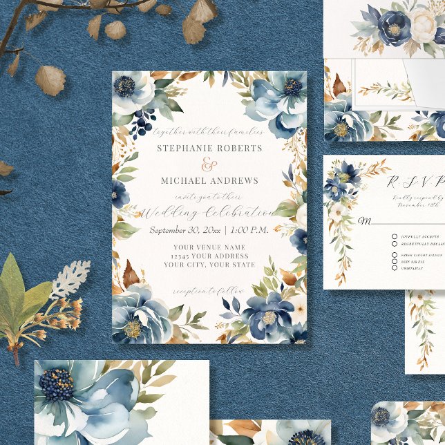 Invitación Boda de marfil azul floral floral otoño (Subido por el creador)