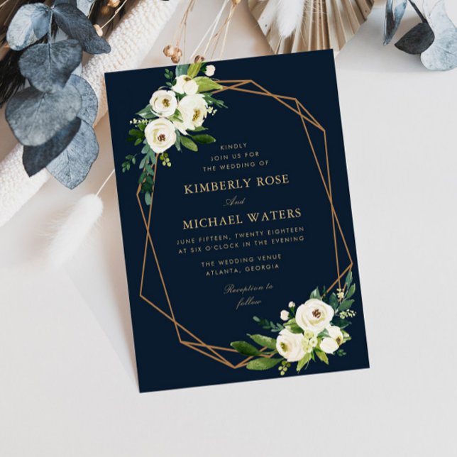 Invitación Boda de marfil blanco floral geométrico marino (Subido por el creador)