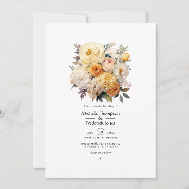 Invitación Boda de marfil, champán y floral blanco (Anverso)