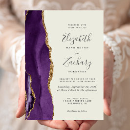 Invitación Boda de marfil con ágata dorada y púrpura moderna