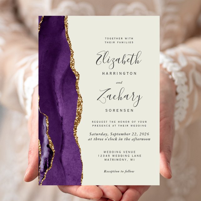 Invitación Boda de marfil con ágata dorada y púrpura moderna (Subido por el creador)