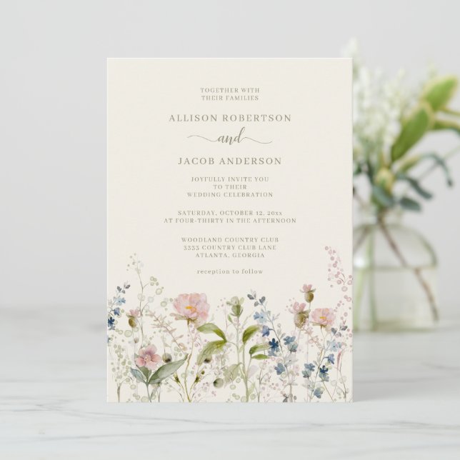 Invitación Boda de marfil con flores de flores silvestres ros (Anverso de pie)