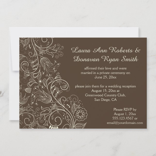 Invitación Boda de Marfil con Flores de Remolinos en Marrón (Anverso)