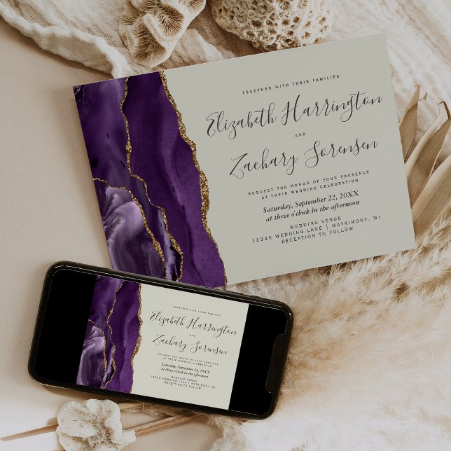 Invitación Boda de marfil de la moderna morada de oro (Subido por el creador)