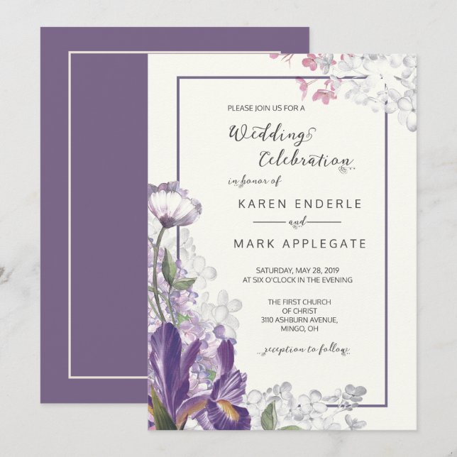 Invitación Boda de marfil de la primavera floral de Iris oscu (Anverso / Reverso)