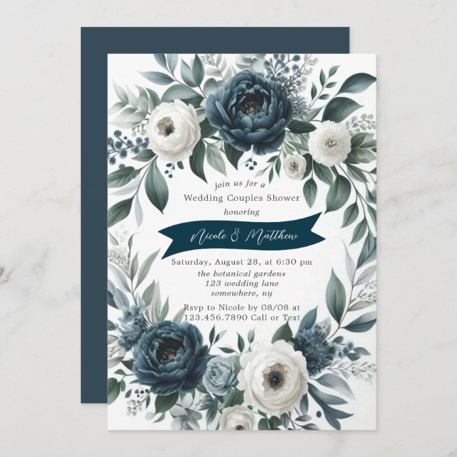 Invitación Boda de marfil de marfil de plata y  de duchas (Anverso / Reverso)