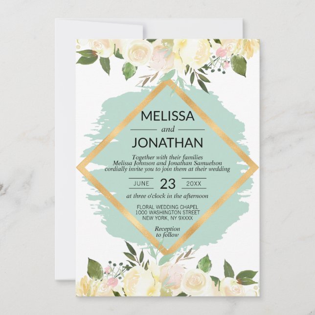Invitación Boda de marfil de menta rosa floral acuarela (Anverso)