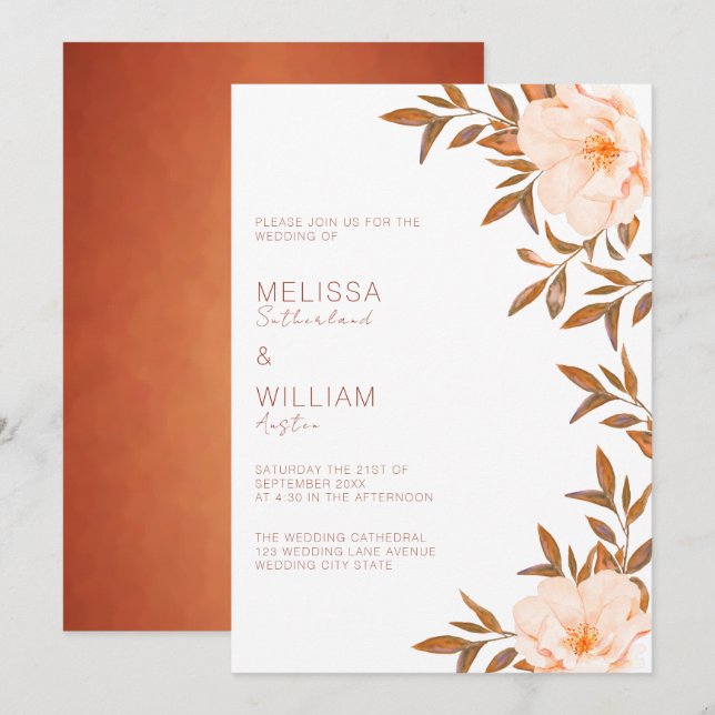 Invitación Boda de marfil floral de acuarela de otoño (Anverso / Reverso)