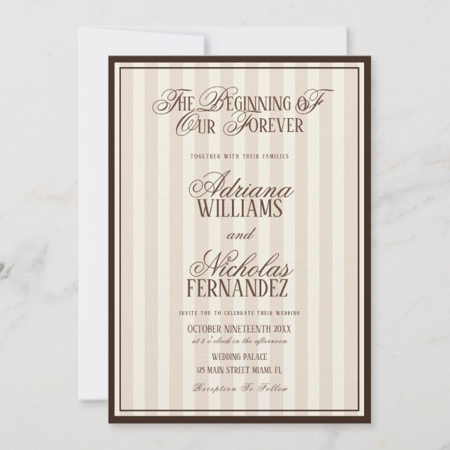 Invitación Boda de marfil rayado vintage elegante (Anverso)
