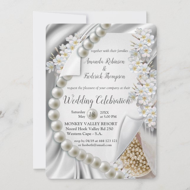Invitación Boda de Marfil, Verde, Azul, Oro, Seda y Perlas (Anverso)