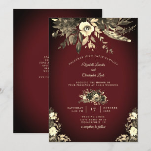 Invitación Boda de Marfil y Borgoña Floral de acuarela de oto