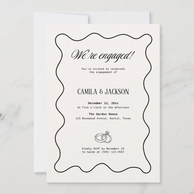 Invitación Boda de marfil y negro, fiesta de compromiso (Anverso)
