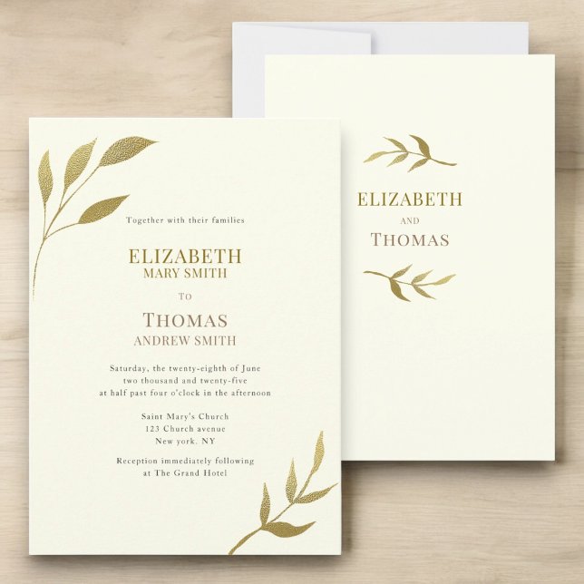 Invitación Boda de marfil y oro Casual elegante (casual text ivory and gold minimal wedding invitation easy to custominze to suite your personal need)