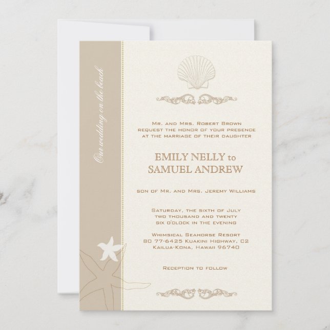 Invitación Boda de Marfil y Tan a orillas del mar (Anverso)