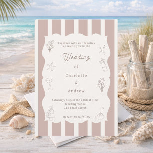 Invitación Boda de marfil y taupe costera de playa dibujada a