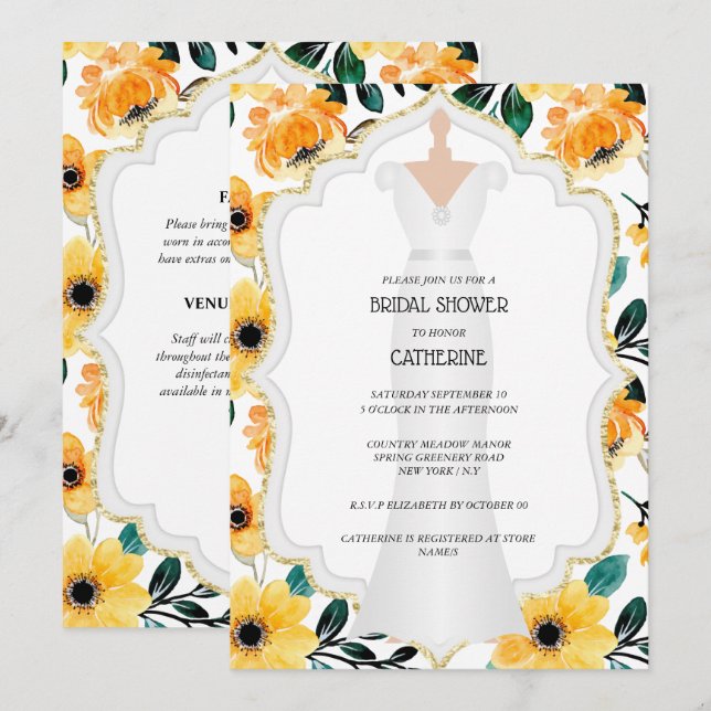 Invitación Boda de margarita amarilla vestido floral  (Anverso / Reverso)