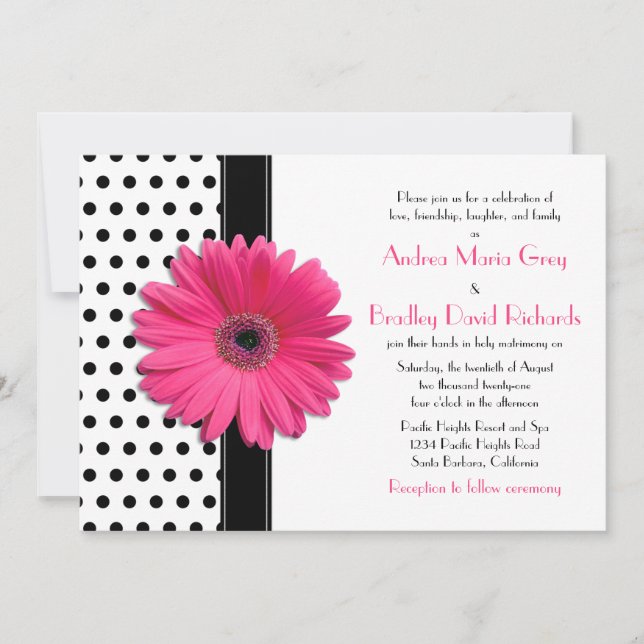 Invitación Boda de margarita rosada con punto de polka negro  (Anverso)