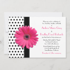 Invitación Boda de margarita rosada con punto de polka negro 