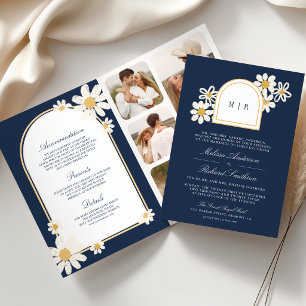 Invitación Boda de margaritas amarillas retro azul marino tod